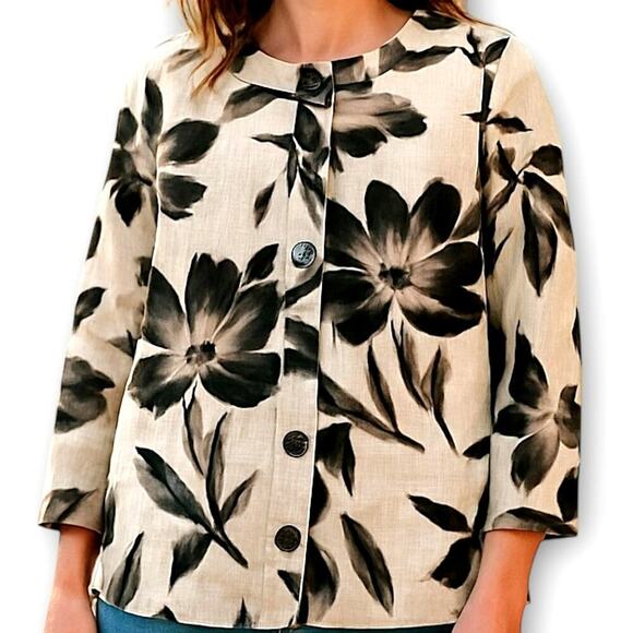 JM Collection Petite 100% Linen Floral 3/4 Sleeves Button Up Top Blouse Size 10P - Picture 1 of 13